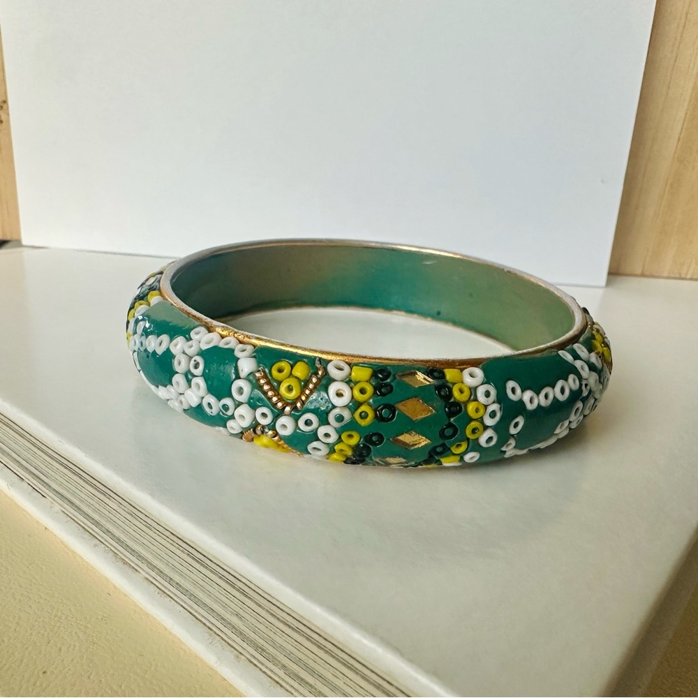 Vintage India Wooden Green Bracelet Bangle w Gold & Beaded Trim - Picture 7 of 7